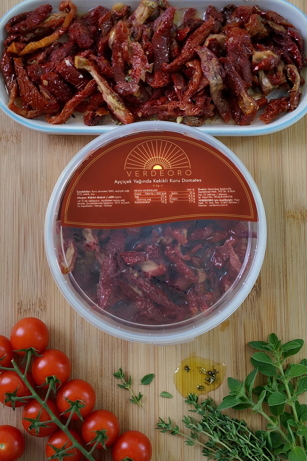 VERDEORO Ayçiçek Yağında Kekikli Kuru Domates 3 kg, plastik kova