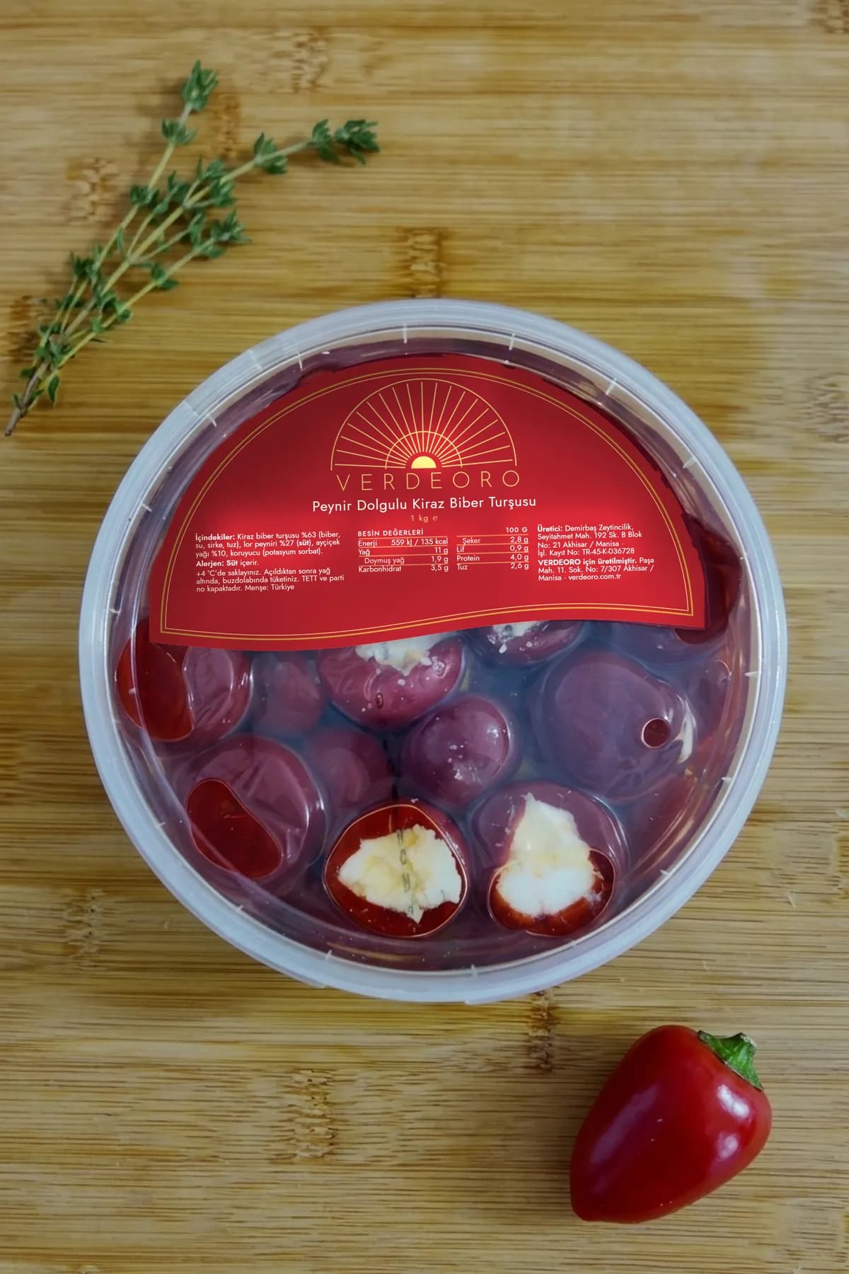 VERDEORO Peynir Dolgulu Kiraz Biber Turşusu 1 kg, plastik kova